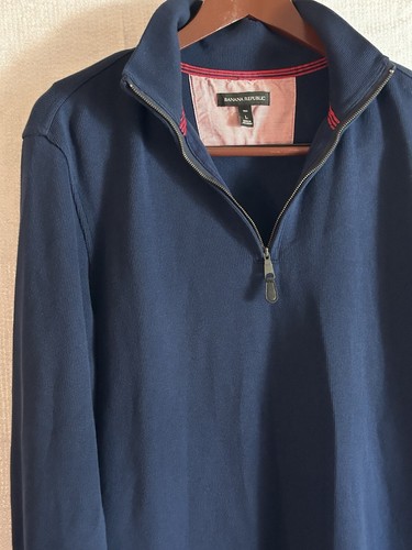 Banana Republic Herren Large Tall 1/4 Reißverschluss Baumwolle Pullover Sweater blau Ellenbogenaufnäher - Bild 6 von 22