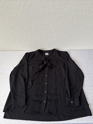 Blusa Top Anne Klein Talla XL Negra Cuello Atado Plisado Frontal Mujer Corte Elegante - Imagen 6 de 8