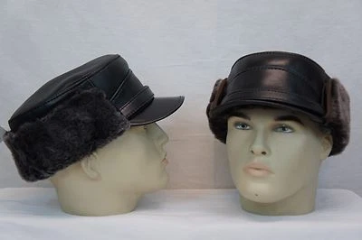 Noir ou Marron 100% Peau de Mouton Cuir Capitaine Fourrure Hiver Hommes Chapeau - Photo 1/4