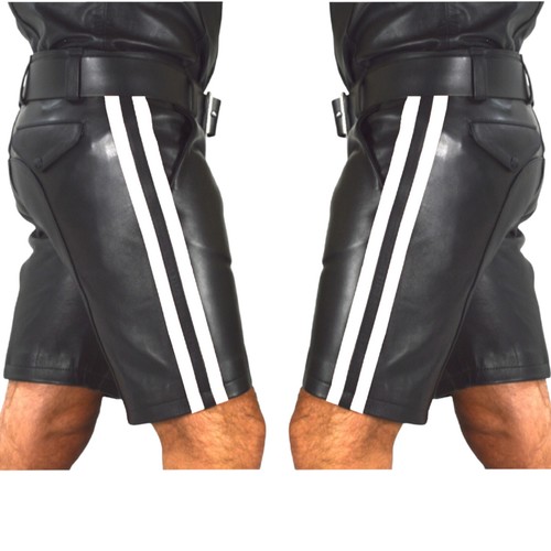 AW541 Hochwertige Ledershorts mit zwei streifen Leder Shorts Kneelang,lederhose, - Picture 12 of 13
