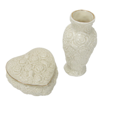 Vanity Dresser Set Trinket Gift Box and Bud Vase Embossed Rose Gold Trim