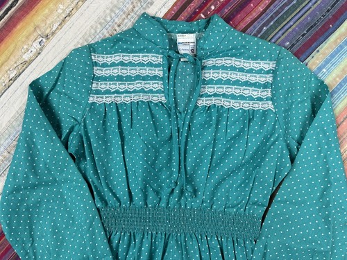 Vintage JC Penny’s Smocked Dress Aqua Polka Dot Ruffle Barbiecore Sz 12 USA - Picture 2 of 8
