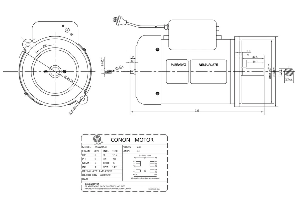 Single Phase NEMA Electric Motor 240V 0.75kW 1HP 1400rpm FRAME 56 1Ph CSCR 1/2" - Image 3 of 3