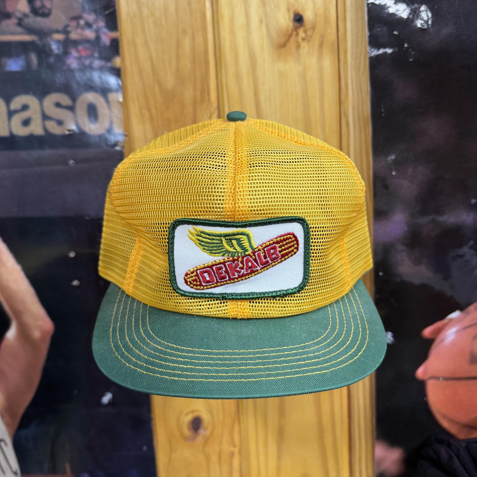 Vintage Dekalb K-Brand Hat Cap Snap Back Yellow Green Trucker Patch Mens 80s