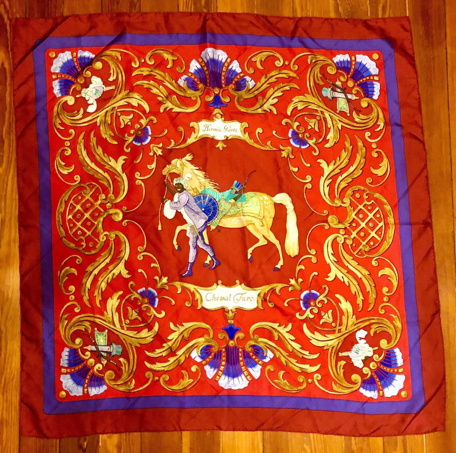 Hermès Cheval Turc Silk Satin Scarf 1990 (Blue and Red)