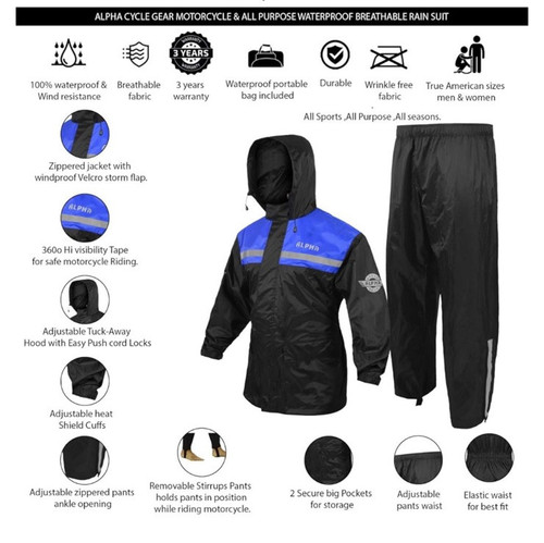 Alpha Cycle Rain Suit for Men Women Jackets/Pants Reflective/Waterproof Blue - Bild 1 von 3