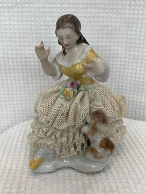 Vintage Porcelain Capodimonte Lace Lady With Dog Figurine #164, Yellow Bodice - Image 1 of 4