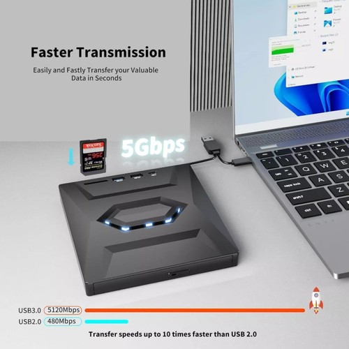 USB 3.0 Externes CD/DVD Laufwerk Brenner Player mit Type-C für Laptop PC Schwarz - Afbeelding 13 van 23