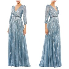 Mac Duggal NWT Blue Sequined Beaded Wrap Over 3/4 Sleeve Gown Slate Blue Size 4