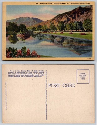 Provo Utah Memorial Park Mt Timpanogos Linen Postcard 1937 Curt Teich