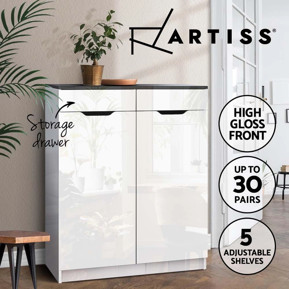 Artiss Shoe Rack Storage Cabinet High Gloss Organiser Cupboard 30 Pairs White