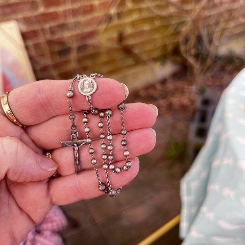 Antiker französischer Rosenkranz 13 Zoll massiv Sterlingsilber Gebetsperlen kleine Maria Rosenkranz - Bild 15 von 23