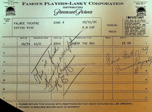 Famous Players Lasky Corp Invoice October 21 1924 Code of the Sea Silent Film