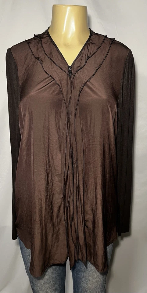 Top Lola & Sophie para mujer con cremallera mezcla de seda con volantes manga larga marrón XL Foto 3 de 4