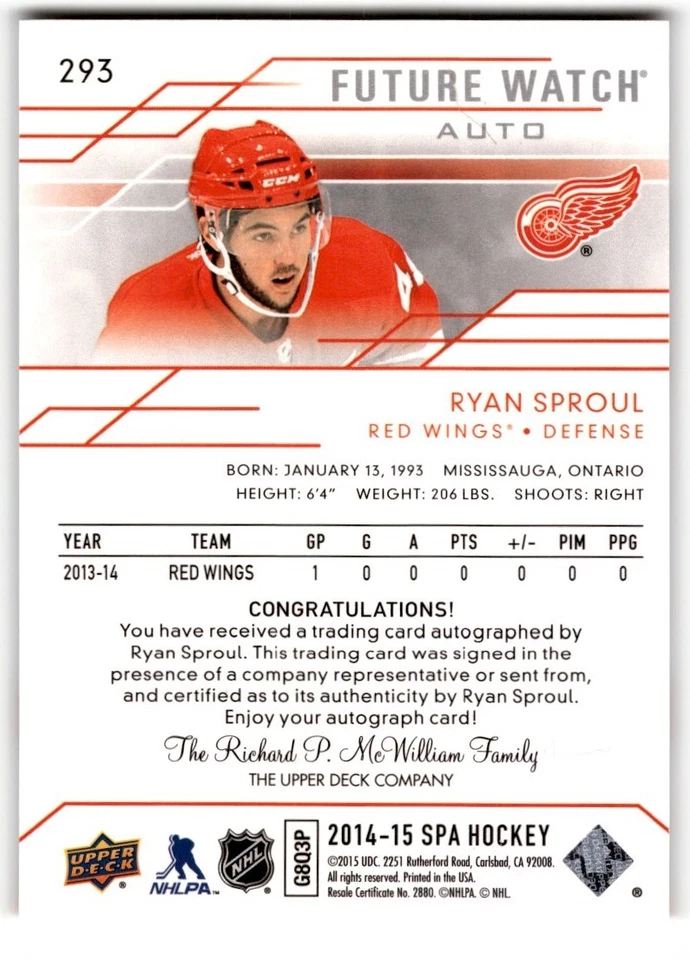 2014-15 SP Authentic Future Watch Ryan Sproul Rookie Auto /999 #293 Detroit Red - Image 2 of 2