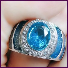Luxury 925 Sterling Silver Oval Ring 1ct 5A Zircon Blue Stone Cz Engagement