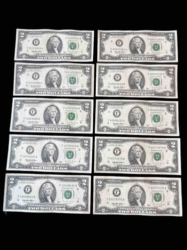 10 ($2) TWO DOLLAR BILLS CIRCULATED - 1995 Series - Picture 1 of 2