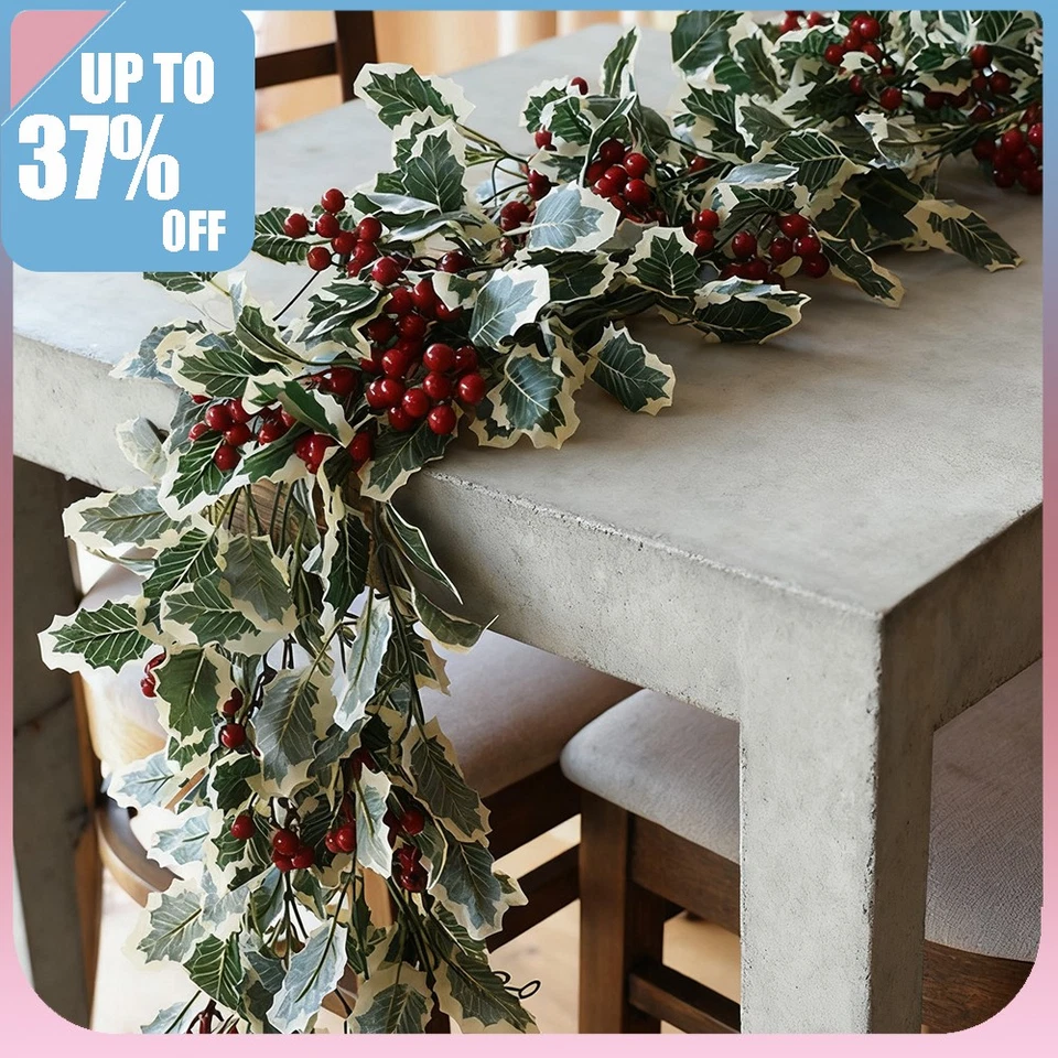 Christmas Garland Holly Leaf Red Berries Winter Fireplace Hanging Party Decor UK