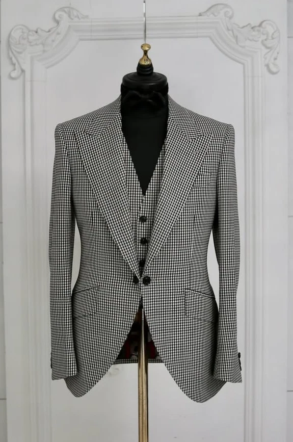 Trajes de pata de gallo para hombre blazer de solapa de pico ancho chaleco chaqueta abrigo blanco y negro Foto 4 de 4