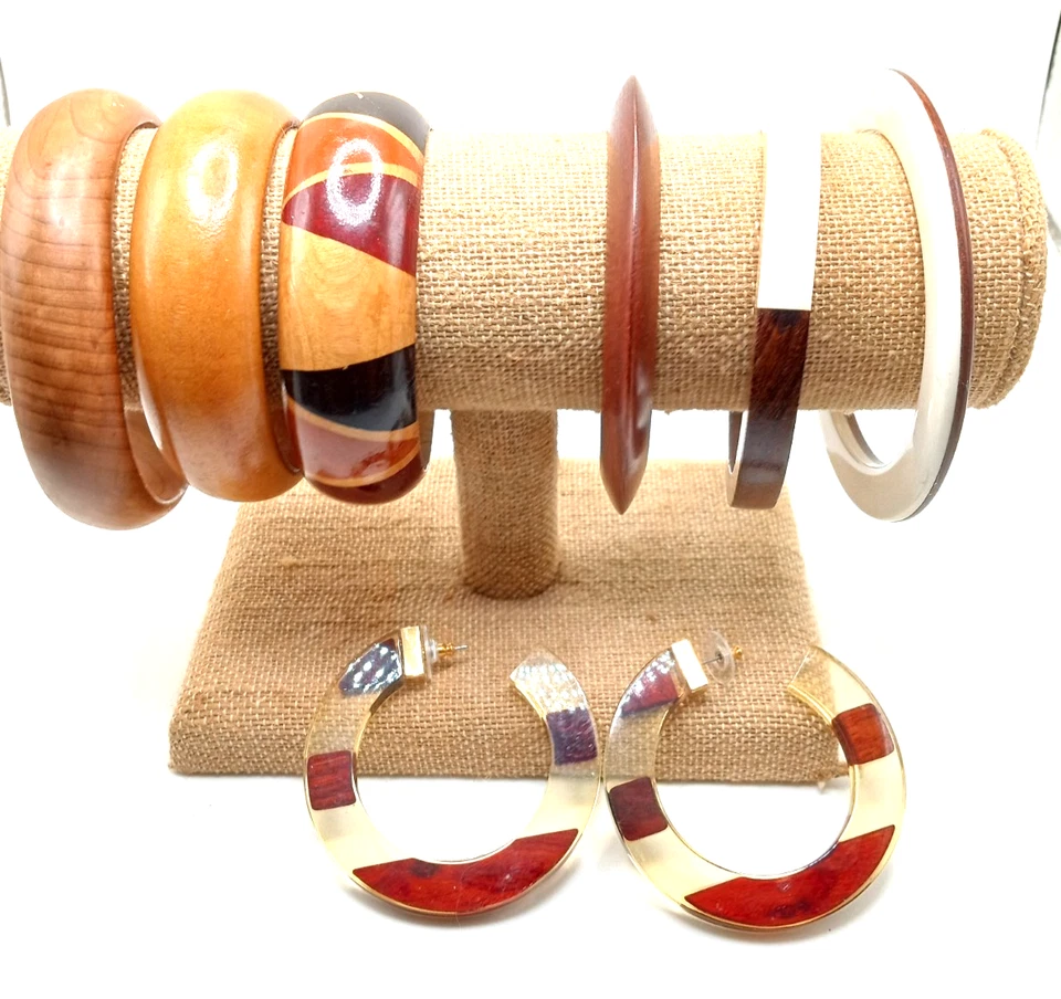 Pulseras brazalete Lucita vintage de madera y media madera con pendientes de aro Lucita de madera Lg Foto 2 de 4