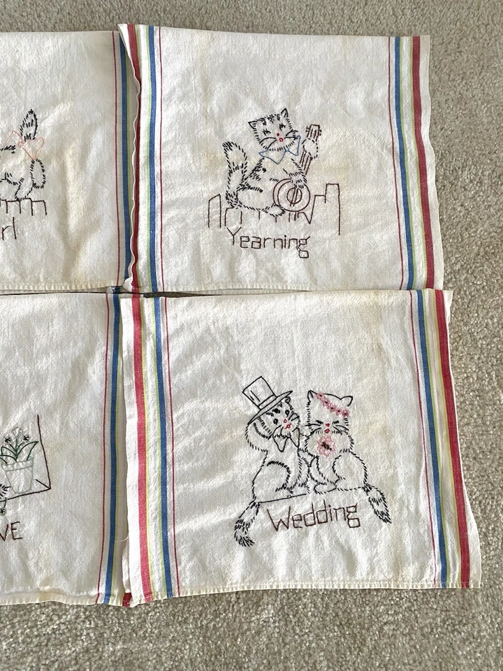 Vintage 1950s FLOUR SACK EMBROIDERED KITTEN KITCHEN Kitchy Dish Tea Towels - Image 4 of 4