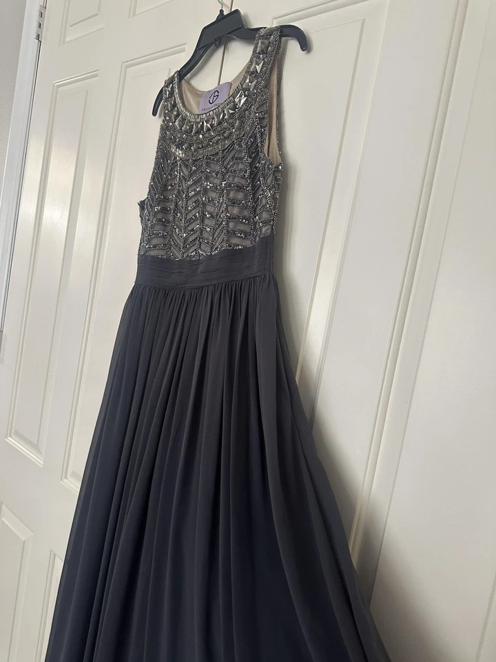 JS Collections Dress Womens 12 Gray Beaded Sequin Chiffon Maxi Evening Gown - Image 4 of 4