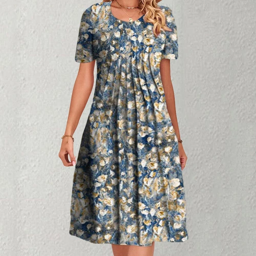 Womens Floral Short Sleeve Midi Dress Ladies Casual Summer Pleated Holiday Dress - Bild 7 von 24