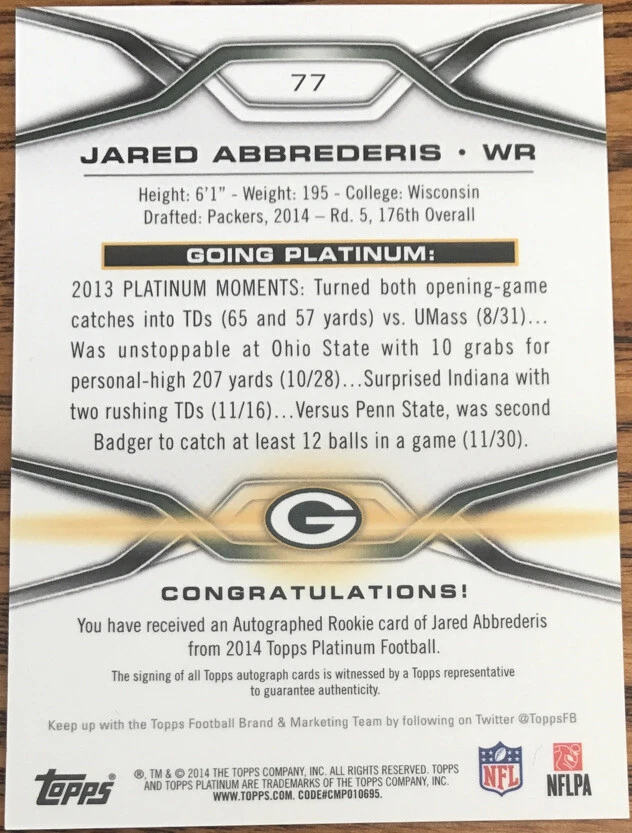 2014 Topps Platinum Rookie Autographs Refractors Jared Abbrederis #77 - Image 2 of 2
