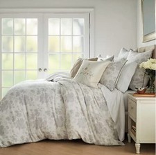 Wamsutta Vintage 3 Piece Duvet Cover Set Floral Damask Dinan White and Grey KING