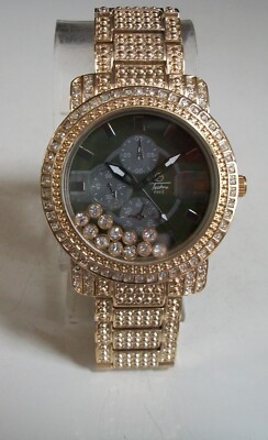 Men's Gold finish floating stones bracelet  fashion dressy/casual hip hop watch