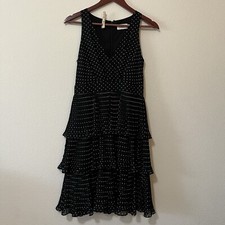 ELIZA J Black White Polka Dot Tiered Pleated Sleeveless Chiffon Mini Dress SZ 2