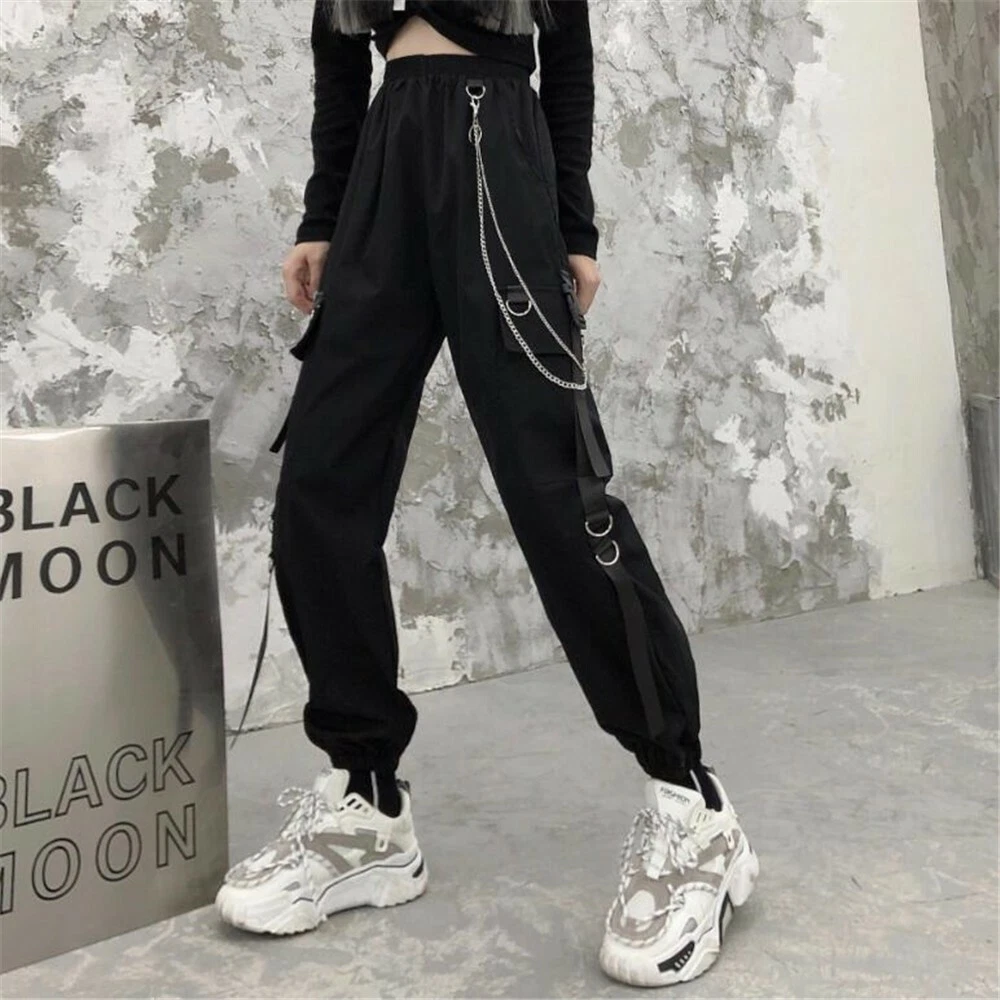 Womens Cargo Jogger Dance Pants Strap Hip Hop Long Trousers Punk