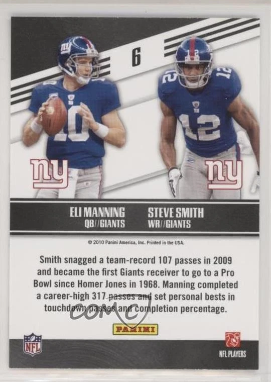 2010 Playoff Prestige Connections Eli Manning Steve Smith #6 - Image 2 of 2