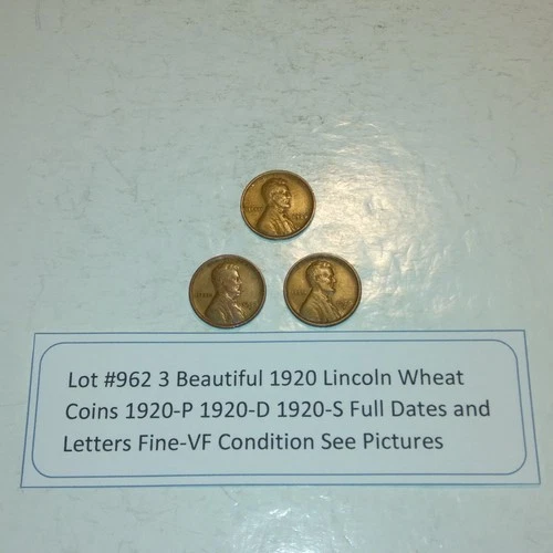 Lot #962 3 Beautiful Lincoln Wheats 1920-P 1920-D 1920-S VG-F-VF See Pictures