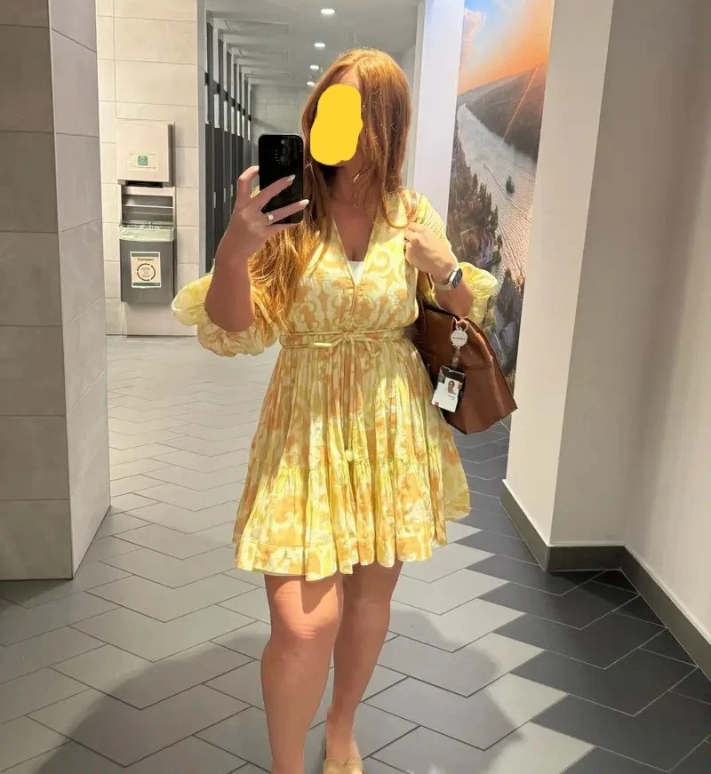 ALEXIS Capri Short Mini Dress Yellow Abstract Print 3/4 Sleeve, Size S, Rt. $598 - Image 2 of 4