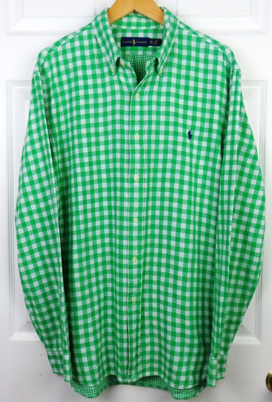 Polo Ralph Lauren Mens XXL, L/S  Button Front Green/White Check Cotton Shirt