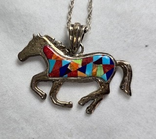 Vintage Native American Zuni Sterling Silver Horse Necklace Pendant Inlaid Stone
