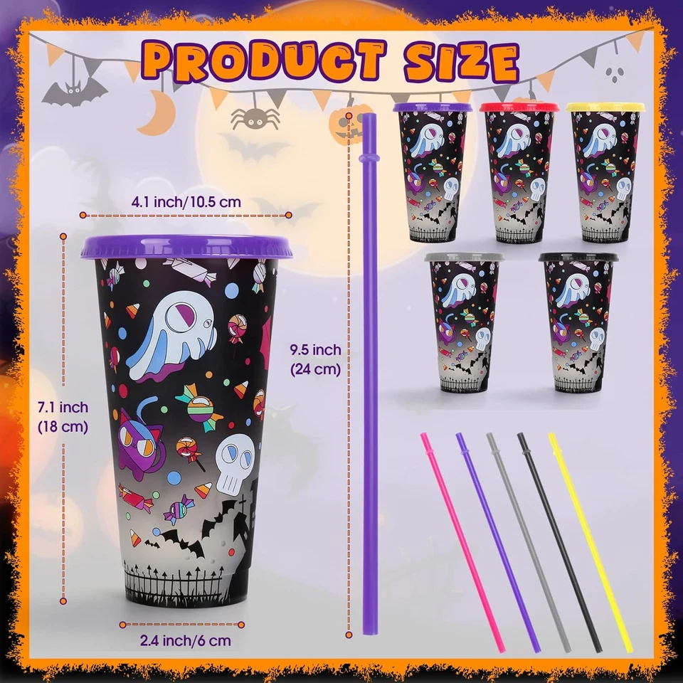 Halloween Color Changing Cups, 5-Pack 24 Oz Plastic Cups with Lids and Straws, T - Image 4 of 4