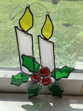 Vintage Stained Glass Christmas Candles  Holly Berry Suncatcher Holiday 8  