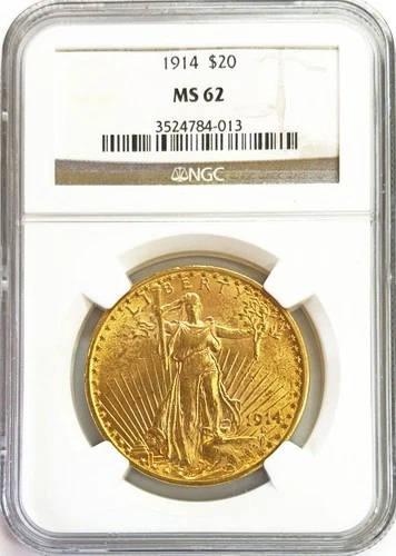 1914 GOLD $20 SAINT GAUDENS DOUBLE EAGLE COIN NGC MINT STATE 62