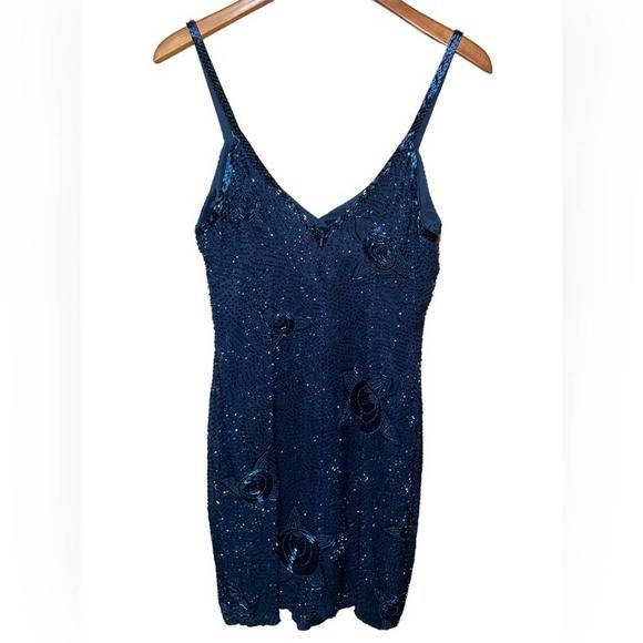 Oleg Cassini Vintage Black Tie Beaded Navy Blue Mini Dress Size 10 Swiftie