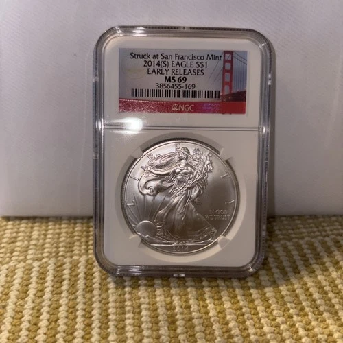 2014 (S) Silver Eagle NGC MS69 Struck At San Francisco Mint,Golden Bridge Label.