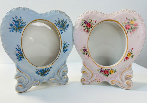 LOVELY!VTG MCM 2-LEFTON PORCELAIN CHINA PINK&BLUE FLORAL PICTURE FRAMES*NO GLASS