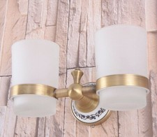 Antique Brass Bathroom Toothbrush Holder Double Glass Cups Holder Wall Mounted