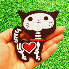 CAT Skeleton with Red Heart - Embroidered Iron On Patch - NEW Shipping Included