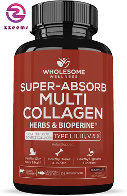 Super-Absorb Multi Collagen Pills (Type I II III V X) Organic Herbs and Bioperin