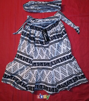Womens African Black White Print Maxi Skirt W Matching Headwrap