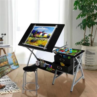 Adjustable Drafting Table Drawing Station Desk Board Storage Drawers w/ Stool