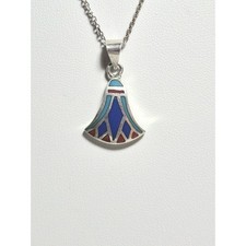 Sterling Silver 925 Egyptian Lotus Fan Inlay Pendant Necklace Blue Red Enamel