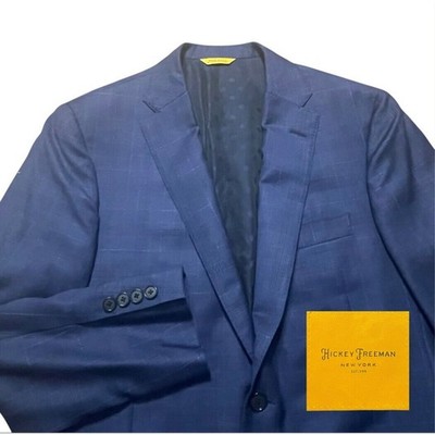 Hickey Freeman Suit Jacket Mens 40 R Navy Plaid Wool Plaid Recent USA Made MINT